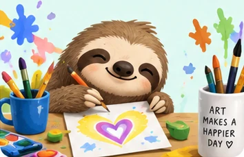 Slozo drawing a colourful heart with pencils and paints.