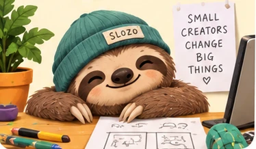 Slozo in a green hat, sketching new ideas at his desk.