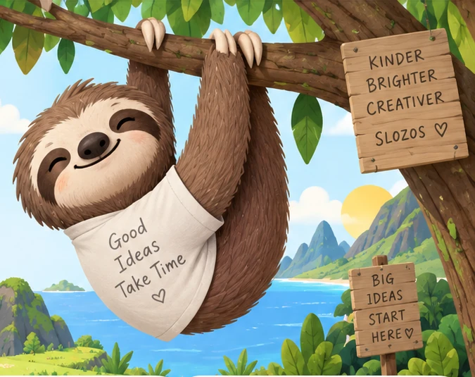 Slozo the smiling sloth hangs from a leafy branch in a sunny jungle. His shirt says, Good ideas take time.